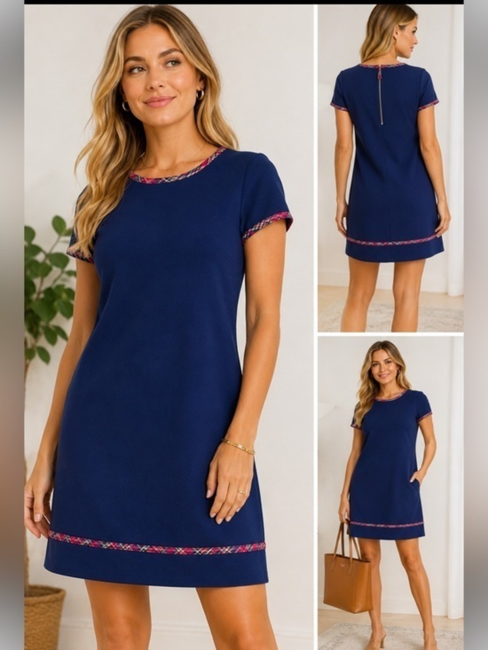 Vineyard Vines Blue Shift Dress Plaid Trim Size 6